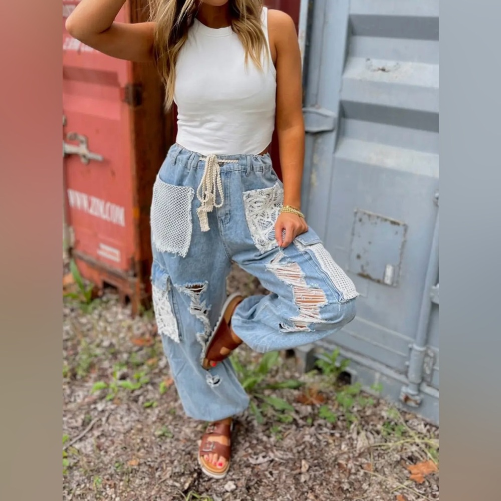 POL Light Blue Lace Patchwork Boyfriend Jeans - Picture 8 of 10
